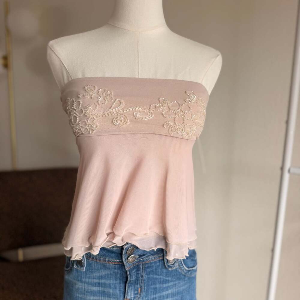 Faded Rose Floral Beaded Sheer Ruffle Hem Strapless Tube Top